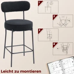 HOMCOM Barhocker 2er Set Barstühle, Küchenstühle mit Fußstütze, Lehne, Fleece-Optik, 68 cm Sitzhöhe Gepolstert Tresenhocker mit Stahlgestell für Küche, Esszimmer, Wohnzimmer Schwarz