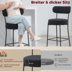 HOMCOM Barhocker 2er Set Barstühle, Küchenstühle mit Fußstütze, Lehne, Fleece-Optik, 68 cm Sitzhöhe Gepolstert Tresenhocker mit Stahlgestell für Küche, Esszimmer, Wohnzimmer Schwarz