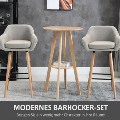 HOMCOM Barhocker 2er Set, Barstuhl mit Sitzkissen, Holzbeine, Rückenlehne und Armlehnen, Küchenstühle mit Fußstütze aus Holz, Tresenhocker für Küche, Wohnzimmer, Esszimmer, Leinenoptik, Beige