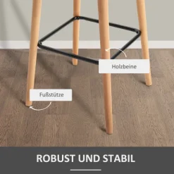 HOMCOM Barhocker 2er Set, Barstuhl mit Sitzkissen, Holzbeine, Rückenlehne und Armlehnen, Küchenstühle mit Fußstütze aus Holz, Tresenhocker für Küche, Wohnzimmer, Esszimmer, Leinenoptik, Beige