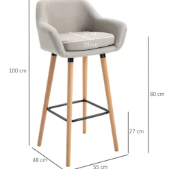 HOMCOM Barhocker 2er Set, Barstuhl mit Sitzkissen, Holzbeine, Rückenlehne und Armlehnen, Küchenstühle mit Fußstütze aus Holz, Tresenhocker für Küche, Wohnzimmer, Esszimmer, Leinenoptik, Beige