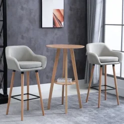 HOMCOM Barhocker 2er Set, Barstuhl mit Sitzkissen, Holzbeine, Rückenlehne und Armlehnen, Küchenstühle mit Fußstütze aus Holz, Tresenhocker für Küche, Wohnzimmer, Esszimmer, Leinenoptik, Beige