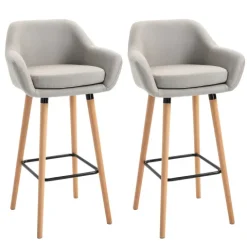 HOMCOM Barhocker 2er Set, Barstuhl mit Sitzkissen, Holzbeine, Rückenlehne und Armlehnen, Küchenstühle mit Fußstütze aus Holz, Tresenhocker für Küche, Wohnzimmer, Esszimmer, Leinenoptik, Beige