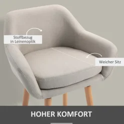 HOMCOM Barhocker 2er Set, Barstuhl mit Sitzkissen, Holzbeine, Rückenlehne und Armlehnen, Küchenstühle mit Fußstütze aus Holz, Tresenhocker für Küche, Wohnzimmer, Esszimmer, Leinenoptik, Beige