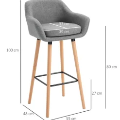 HOMCOM Barhocker 2er Set, Barstuhl mit Sitzkissen, Holzbeine, Rückenlehne und Armlehnen, Küchenstühle mit Fußstütze aus Holz, Tresenhocker für Küche, Wohnzimmer, Esszimmer, Leinenoptik, Grau