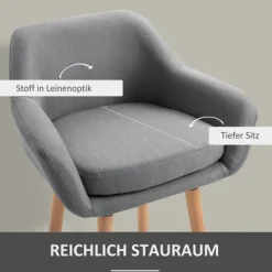 HOMCOM Barhocker 2er Set, Barstuhl mit Sitzkissen, Holzbeine, Rückenlehne und Armlehnen, Küchenstühle mit Fußstütze aus Holz, Tresenhocker für Küche, Wohnzimmer, Esszimmer, Leinenoptik, Grau