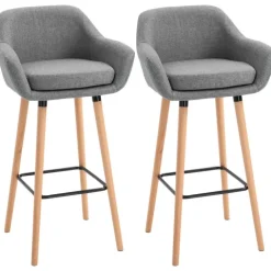 HOMCOM Barhocker 2er Set, Barstuhl mit Sitzkissen, Holzbeine, Rückenlehne und Armlehnen, Küchenstühle mit Fußstütze aus Holz, Tresenhocker für Küche, Wohnzimmer, Esszimmer, Leinenoptik, Grau