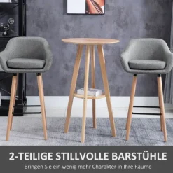 HOMCOM Barhocker 2er Set, Barstuhl mit Sitzkissen, Holzbeine, Rückenlehne und Armlehnen, Küchenstühle mit Fußstütze aus Holz, Tresenhocker für Küche, Wohnzimmer, Esszimmer, Leinenoptik, Grau