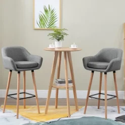 HOMCOM Barhocker 2er Set, Barstuhl mit Sitzkissen, Holzbeine, Rückenlehne und Armlehnen, Küchenstühle mit Fußstütze aus Holz, Tresenhocker für Küche, Wohnzimmer, Esszimmer, Leinenoptik, Grau