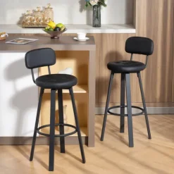 HOMCOM Barhocker 2er Set, Drehbar Barstühle mit Fußstütze, Rückenlehne, Gepolstert Bistrohocker mit Metallgestell, Tresenhocker aus Kunstleder, 76,5 cm Sitzhöhe, Schwarz