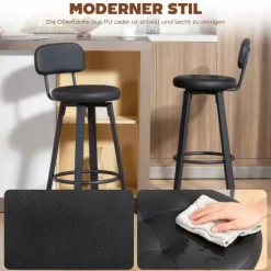 HOMCOM Barhocker 2er Set, Drehbar Barstühle mit Fußstütze, Rückenlehne, Gepolstert Bistrohocker mit Metallgestell, Tresenhocker aus Kunstleder, 76,5 cm Sitzhöhe, Schwarz