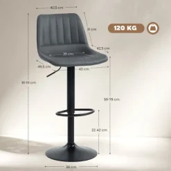 HOMCOM Barhocker 2er Set, 360° Drehbar Gepolstert Barstuhl mit Fußstütze, Lehne, Höhenverstellbar Kunstleder Tresenhocker für Küche, Wohnzimmer, Esszimmer Dunkelgrau