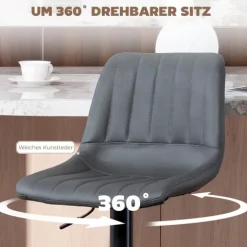 HOMCOM Barhocker 2er Set, 360° Drehbar Gepolstert Barstuhl mit Fußstütze, Lehne, Höhenverstellbar Kunstleder Tresenhocker für Küche, Wohnzimmer, Esszimmer Dunkelgrau