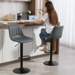 HOMCOM Barhocker 2er Set, 360° Drehbar Gepolstert Barstuhl mit Fußstütze, Lehne, Höhenverstellbar Kunstleder Tresenhocker für Küche, Wohnzimmer, Esszimmer Dunkelgrau