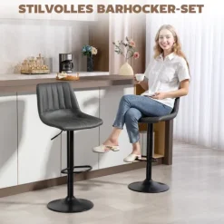 HOMCOM Barhocker 2er Set, 360° Drehbar Gepolstert Barstuhl mit Fußstütze, Lehne, Höhenverstellbar Kunstleder Tresenhocker für Küche, Wohnzimmer, Esszimmer Dunkelgrau