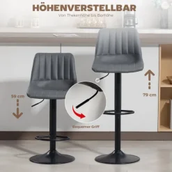 HOMCOM Barhocker 2er Set, 360° Drehbar Gepolstert Barstuhl mit Fußstütze, Lehne, Höhenverstellbar Kunstleder Tresenhocker für Küche, Wohnzimmer, Esszimmer Dunkelgrau