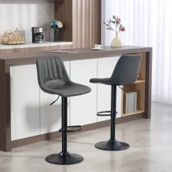 HOMCOM Barhocker 2er Set, 360° Drehbar Gepolstert Barstuhl mit Fußstütze, Lehne, Höhenverstellbar Kunstleder Tresenhocker für Küche, Wohnzimmer, Esszimmer Dunkelgrau
