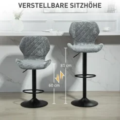 HOMCOM Barhocker 2er-Set, Gepolstert Barstuhl mit Lehne, Chenille-Optik, Stahlgestell, Höhenverstellbare Küchenstühle mit Fußstütze Drehbar Tresenhocker modern für Küche, Dunkelgrau