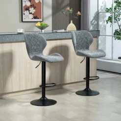 HOMCOM Barhocker 2er-Set, Gepolstert Barstuhl mit Lehne, Chenille-Optik, Stahlgestell, Höhenverstellbare Küchenstühle mit Fußstütze Drehbar Tresenhocker modern für Küche, Dunkelgrau