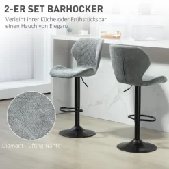 HOMCOM Barhocker 2er-Set, Gepolstert Barstuhl mit Lehne, Chenille-Optik, Stahlgestell, Höhenverstellbare Küchenstühle mit Fußstütze Drehbar Tresenhocker modern für Küche, Dunkelgrau