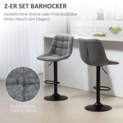 HOMCOM Barhocker 2er-Set, Gepolstert Barstuhl mit Lehne, Stahlgestell, Chenille-Optik, Höhenverstellbare Küchenstühle mit Fußstütze 360° Drehbar Tresenhocker für Küche, Wohnzimmer Dunkelgrau
