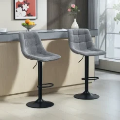 HOMCOM Barhocker 2er-Set, Gepolstert Barstuhl mit Lehne, Stahlgestell, Chenille-Optik, Höhenverstellbare Küchenstühle mit Fußstütze 360° Drehbar Tresenhocker für Küche, Wohnzimmer Dunkelgrau