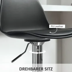 HOMCOM Barhocker 2er Set, Gepolstert Barstuhl mit Stahlgestell, Lehne, Höhenverstellbar Küchenstühle mit Fußstütze 360° Drehbar Tresenhocker für Küche, Wohnzimmer, Esszimmer, Kunstleder Schwarz