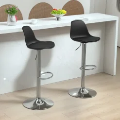 HOMCOM Barhocker 2er Set, Gepolstert Barstuhl mit Stahlgestell, Lehne, Höhenverstellbar Küchenstühle mit Fußstütze 360° Drehbar Tresenhocker für Küche, Wohnzimmer, Esszimmer, Kunstleder Schwarz