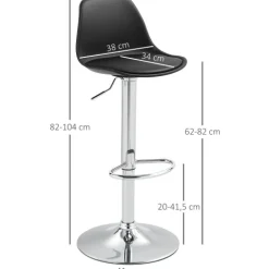 HOMCOM Barhocker 2er Set, Gepolstert Barstuhl mit Stahlgestell, Lehne, Höhenverstellbar Küchenstühle mit Fußstütze 360° Drehbar Tresenhocker für Küche, Wohnzimmer, Esszimmer, Kunstleder Schwarz