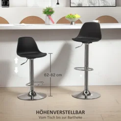 HOMCOM Barhocker 2er Set, Gepolstert Barstuhl mit Stahlgestell, Lehne, Höhenverstellbar Küchenstühle mit Fußstütze 360° Drehbar Tresenhocker für Küche, Wohnzimmer, Esszimmer, Kunstleder Schwarz