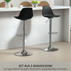 HOMCOM Barhocker 2er Set, Gepolstert Barstuhl mit Stahlgestell, Lehne, Höhenverstellbar Küchenstühle mit Fußstütze 360° Drehbar Tresenhocker für Küche, Wohnzimmer, Esszimmer, Kunstleder Schwarz