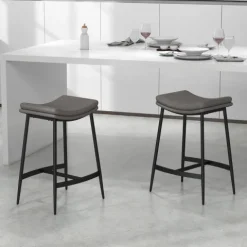 HOMCOM Barhocker 2er Set, Gepolstert Barstuhl mit Fußstütze, Küchenstühle mit Stahlgestell Tresenhocker mit Kunstleder-Optik für Küche, Wohnzimmer, Esszimmer Grau