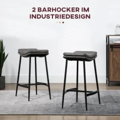 HOMCOM Barhocker 2er Set, Gepolstert Barstuhl mit Fußstütze, Küchenstühle mit Stahlgestell Tresenhocker mit Kunstleder-Optik für Küche, Wohnzimmer, Esszimmer Grau