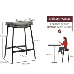 HOMCOM Barhocker 2er Set, Gepolstert Barstuhl mit Fußstütze, Küchenstühle mit Stahlgestell Tresenhocker mit Kunstleder-Optik für Küche, Wohnzimmer, Esszimmer Grau