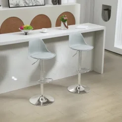 HOMCOM Barhocker 2er Set, Gepolstert Barstuhl mit Stahlgestell, Lehne, Höhenverstellbar Küchenstühle mit Fußstütze 360° Drehbar Tresenhocker für Küche, Wohnzimmer, Esszimmer, Kunstleder Grau