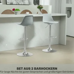 HOMCOM Barhocker 2er Set, Gepolstert Barstuhl mit Stahlgestell, Lehne, Höhenverstellbar Küchenstühle mit Fußstütze 360° Drehbar Tresenhocker für Küche, Wohnzimmer, Esszimmer, Kunstleder Grau
