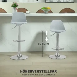 HOMCOM Barhocker 2er Set, Gepolstert Barstuhl mit Stahlgestell, Lehne, Höhenverstellbar Küchenstühle mit Fußstütze 360° Drehbar Tresenhocker für Küche, Wohnzimmer, Esszimmer, Kunstleder Grau