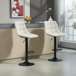 HOMCOM Barhocker 2er-Set, Gepolstert Barstuhl mit Lehne, Stahlgestell, Chenille-Optik, Höhenverstellbare Küchenstühle mit Fußstütze 360° Drehbar Tresenhocker für Küche, Wohnzimmer Beige
