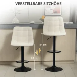 HOMCOM Barhocker 2er-Set, Gepolstert Barstuhl mit Lehne, Stahlgestell, Chenille-Optik, Höhenverstellbare Küchenstühle mit Fußstütze 360° Drehbar Tresenhocker für Küche, Wohnzimmer Beige