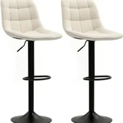 HOMCOM Barhocker 2er-Set, Gepolstert Barstuhl mit Lehne, Stahlgestell, Chenille-Optik, Höhenverstellbare Küchenstühle mit Fußstütze 360° Drehbar Tresenhocker für Küche, Wohnzimmer Beige