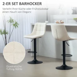 HOMCOM Barhocker 2er-Set, Gepolstert Barstuhl mit Lehne, Stahlgestell, Chenille-Optik, Höhenverstellbare Küchenstühle mit Fußstütze 360° Drehbar Tresenhocker für Küche, Wohnzimmer Beige