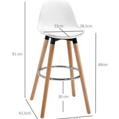 HOMCOM Barhocker 2er Set, Gepolstert Barstuhl mit Holzbeine und Rückenlehne, Küchenstühle mit Fußstütze aus Stahl, Tresenhocker für Küche, Wohnzimmer, Esszimmer, Kunstleder, Weiß