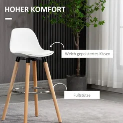 HOMCOM Barhocker 2er Set, Gepolstert Barstuhl mit Holzbeine und Rückenlehne, Küchenstühle mit Fußstütze aus Stahl, Tresenhocker für Küche, Wohnzimmer, Esszimmer, Kunstleder, Weiß