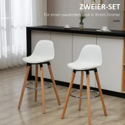 HOMCOM Barhocker 2er Set, Gepolstert Barstuhl mit Holzbeine und Rückenlehne, Küchenstühle mit Fußstütze aus Stahl, Tresenhocker für Küche, Wohnzimmer, Esszimmer, Kunstleder, Weiß
