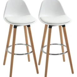 HOMCOM Barhocker 2er Set, Gepolstert Barstuhl mit Holzbeine und Rückenlehne, Küchenstühle mit Fußstütze aus Stahl, Tresenhocker für Küche, Wohnzimmer, Esszimmer, Kunstleder, Weiß