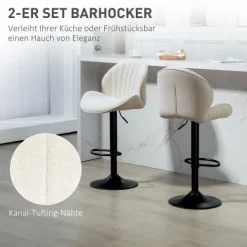 HOMCOM Barhocker 2er Set Höhenverstellbar Drehbar Tresenhocker Barstuhl mit Rückenlehne und Fußstütze, Rutschfest Hocker mit Chenille-Optik, Beige