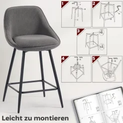 HOMCOM Barhocker 2er Set Tresenhocker Barstuhl mit Fußstütze, Rückenlehne, Kord-Optik, Sitzhöhe 65 cm Küchenstühle mit Stahlgestell Sessel für Küche, Esszimmer Grau