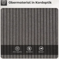 HOMCOM Barhocker 2er Set Tresenhocker Barstuhl mit Fußstütze, Rückenlehne, Kord-Optik, Sitzhöhe 65 cm Küchenstühle mit Stahlgestell Sessel für Küche, Esszimmer Grau