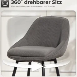 HOMCOM Barhocker 2er Set Tresenhocker Barstuhl mit Fußstütze, Rückenlehne, Kord-Optik, Sitzhöhe 65 cm Küchenstühle mit Stahlgestell Sessel für Küche, Esszimmer Grau