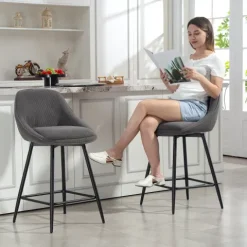 HOMCOM Barhocker 2er Set Tresenhocker Barstuhl mit Fußstütze, Rückenlehne, Kord-Optik, Sitzhöhe 65 cm Küchenstühle mit Stahlgestell Sessel für Küche, Esszimmer Grau